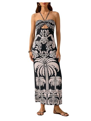Image of SHENHE Women's Tropical Print Halter Maxi Dress Cutout Tie Backless Split Hem Boho Sundress