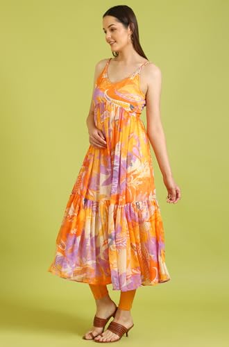 Image of W for Woman Orange Abstract Printed Tiered Spaghetti Kurta and Leggings Set with Dupatta