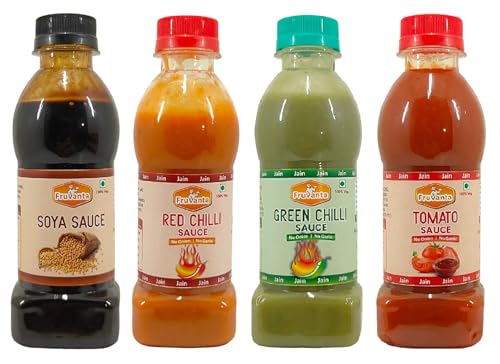Fruvanta Jain Combo Without Onion/garlic/Potato Soya Sauce (200gm), Tomato Sauce (200gm), Green Chilli Sauce (200gm), Red Chilli Sauce (200gm) (Pack of 4)