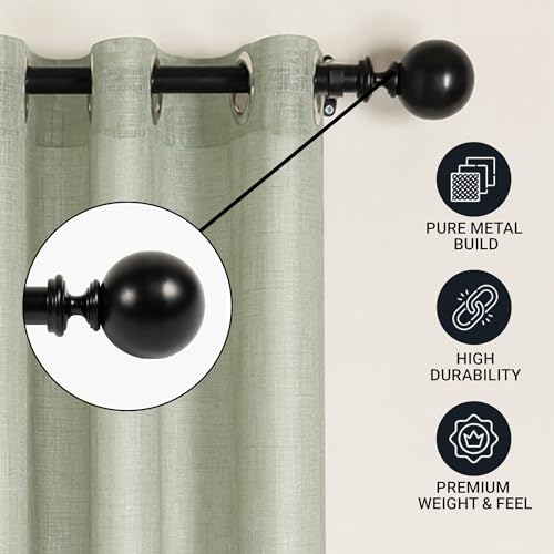 Image of Deco Window 44 inch-120 inch Adjustable Rustproof Curtain Rod for Doors & Windows with Brackets, Extendable Iron Metal Pipe Holder with Ball with Acrylic Bush Finials, Black, 25MM Diameter