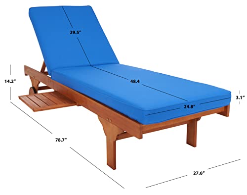 Image of SAFAVIEH Outdoor Collection Newport Natural / Royal Blue Cushion Built-in Side Table Adjustable Chaise Lounge Chair