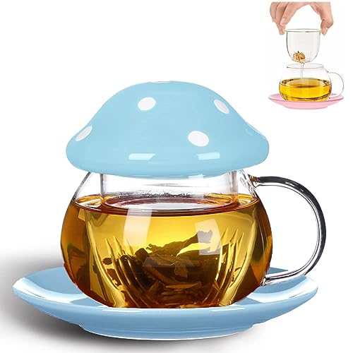 TUHNHGD Tazza Fungo Con Coperchio, Viaggio Caffè, Da Tè In Vetro Con Infusore, Sottobicchiere, Colino, 290 Ml (Blu)