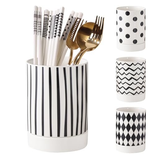 ELECTRO-WEIDEWORLD 箸立て おしゃれ 陶器製 箸スタンド 箸水切り お箸・スプーン・フォーク収納 セラミックス キッチン箸立て ツール立て キッチン カトラリー スタンド 食器 器具 キッチン収納 (ストライプ)