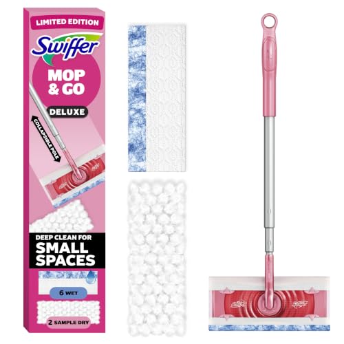 Swiffer Pink Limited Edition Mop & Go Deluxe, 2-in-1 Floor Mopping and Sweeping Kit, Multi-Surface...