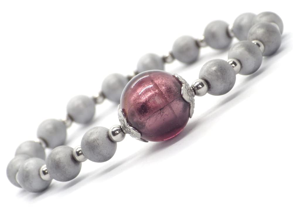 Conjunto de joyería pendientes, collar y pulsera en acero inoxidable, hematites y cuentas de cristal de Murano violeta