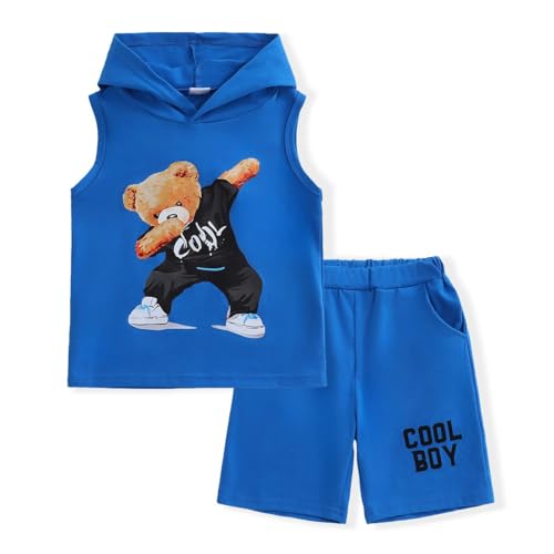 KIDLAGA Toddler Boys Summer Clothes Sleeveless Top and Casual Shorts 2-Piece Kids Comfy Outfits Boys Sets Size 7-8 Years Blue