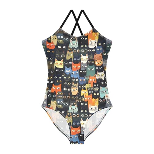 Colorful Cats Pattern Girls Swimsuits Quick Dry Crossback One Piece Beach Swimwear Bathing Suit
