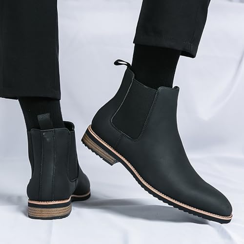 Men'S Leather Low Block Heel Chelsea Boots Comfortable Round Toe Elastic Slip-On Block Heel Men Business Ankle Boots For Office Weddings Prom4