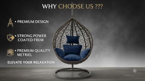 Image of UNIVERSAL FURNITURE Hanging Egg Swing Chair with Stand, Woven Wicker Rattan Style Swing with Cushion, Freestanding Indoor Outdoor Hanging Chair for Patio, Balcony, Garden & Porch (Brown Blue)