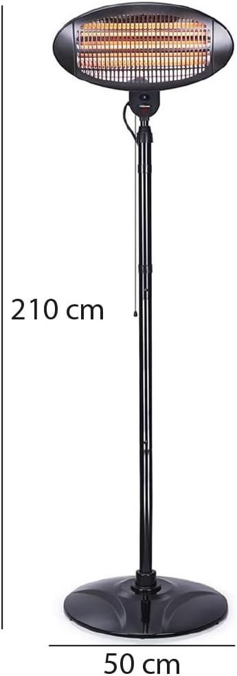 Diagram showing the dimensions of the BAKAJI Infrared Heater, with a height of 210 cm and a base width of 50 cm.