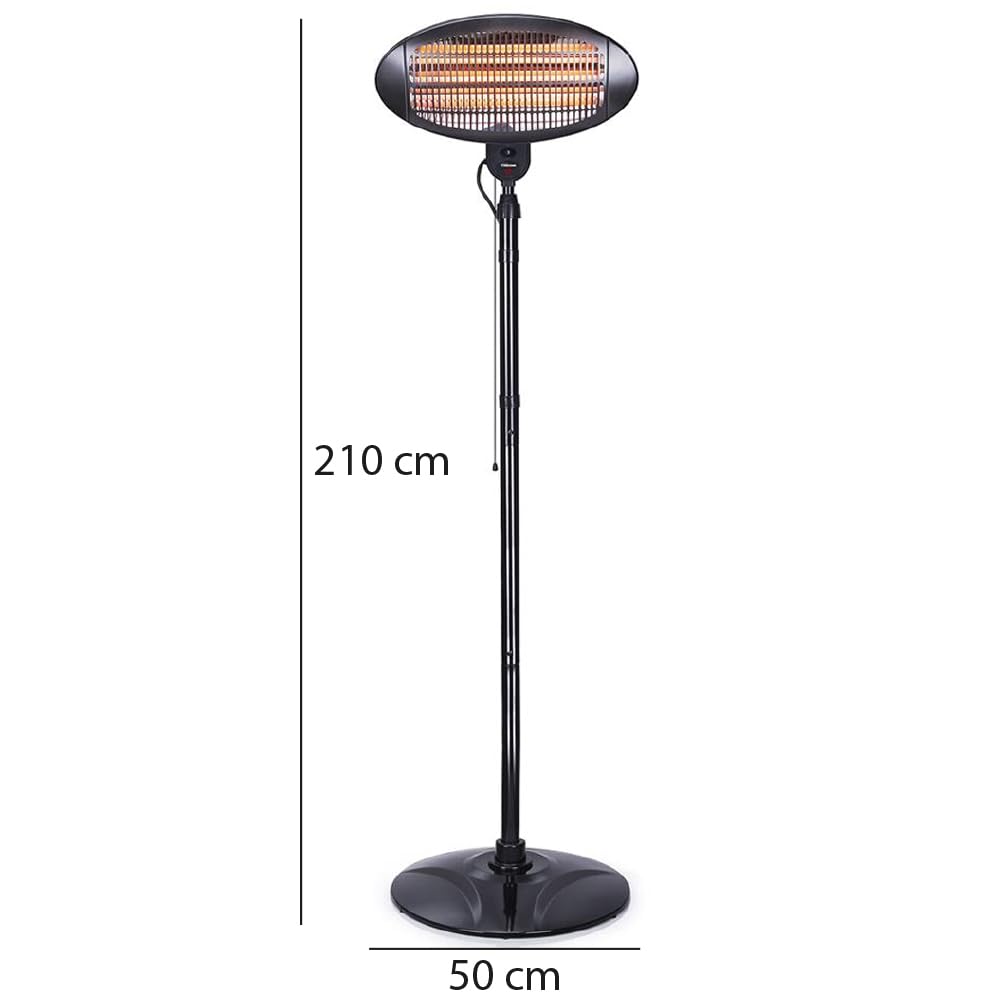 BAKAJI Stufa da Esterno al Quarzo Infrarossi per Patio Gazebo Fissaggio a Parete o Piantana da Terra Altezza 210 cm Regolabile Fungo da Esterno Termostato regolabile Potenza Massima 2000W