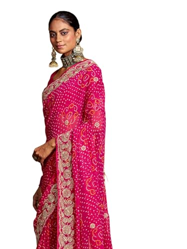 Satrani Women'S Georgette Embroidery Bandhani Printed Saree With Unstitched Blouse Piece (4611S1042N_Rani Pink)