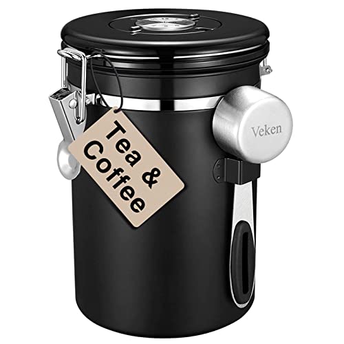 Veken Tea&Coffee Canister, Airtight Stainless Steel Kitchen Food Storage Container With Date Tracker And Scoop For Grounds Coffee, Beans, Flour, Cereal, Sugar, 22Oz, Black #TOP19