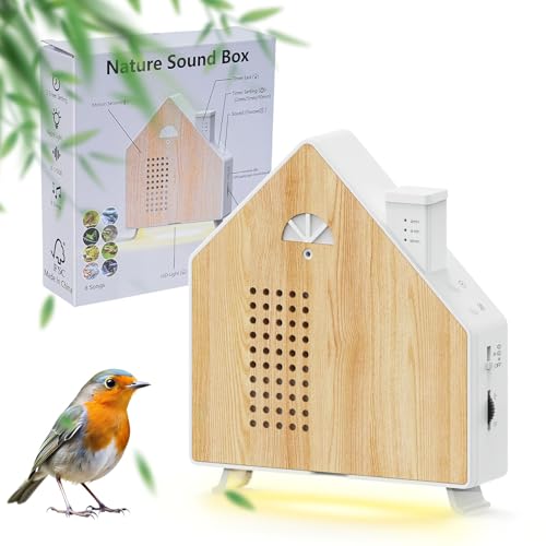 Boite Chant Oiseaux à Détecteur de Mouvement, Boite à Sons d'oiseaux Naturels avec 8 Musiques, Veilleuse, 3 Minuterie, 0-115dB, Boîte Son à detecteur pour...