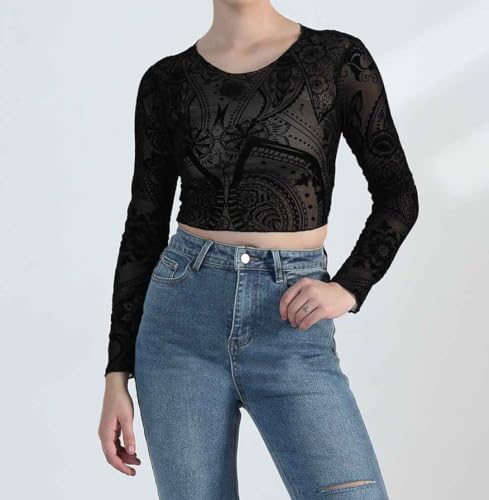 Image of ICW Women Long-Sleeves Round Neck Net Printed Transparent Mesh Sheer Crop Top T-Shirt DN38(Mix Print)