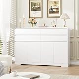 FOTOSOK White Buffet Cabinet with Storage, Large Storage Cabinet with 4 Doors and 4 Drawers, Classic Design with Handleless Drawers, Wood Coffee Bar Buffet Table Console for Kitchen