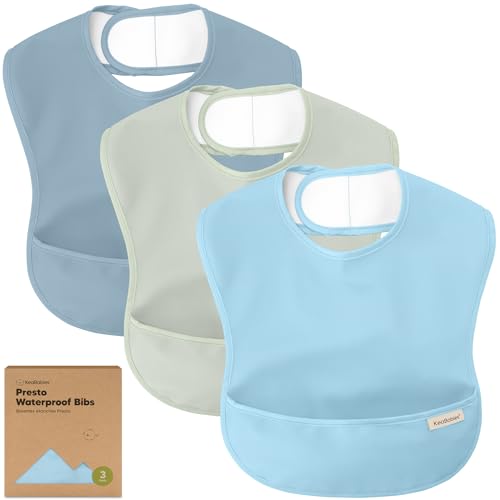 KeaBabies 3-Pack Waterproof Baby Bibs for Eating - Lightweight Toddler Feeding Bibs with Large Food Catcher, Mess Proof, Food-Grade Baby Eating Essentials, Easy to Put On & Clean (Ocean)