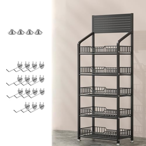 UWYTGF Large Snack Display Rack,Heavy Duty Supermarket Organizer Holder for Living Room Kitchen Retail Store Counter,Carbon Steel Marketing Stand with 15 Hooks,Black,50X28X165Cm/19.7X11X65I