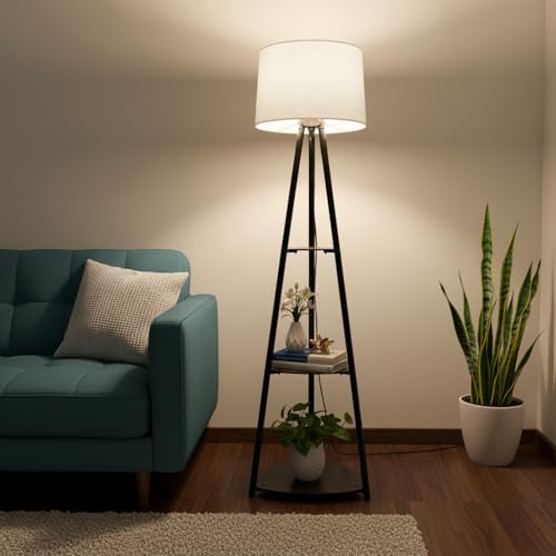 Image of Tripod Metal Floor Lamp with Shelves - Stylish Standing Lamp for Living Room Decoration Bedroom Bedside Corner Stand Aesthetic Home Decor with Storage Shelves (Cotton White) LED Bulb Included