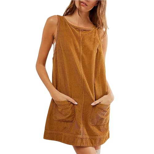 Damen Cordkleid mit Rundhalsausschnitt A-Linien-Rock Minikleid als Trägerkleid praktische Taschen modisches Design (Orange, L)