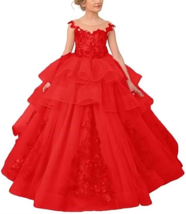 Flower Girl Dresses for Wedding First CommunionTulle Lace Applique Princess Pageant Dress for Girls Party Ball Gown