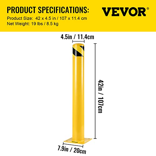VEVOR SicherheitspollerSicherheitsbarriere 107 cm Höhe Gelb Pulverbeschichtetes Rohr, 11,4 cm Rohrdurchmesser Stahl-Sicherheitsbarriere mit 4 Ankerbolzen für Verkehrsempfindliche Bereiche
