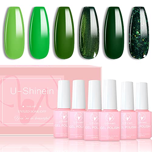 U-Shinein 6 Color Evergreen Nail Polish Gel Kit, Avocado Sparkle Glitter Nail Gel Set Bright Green Sage Olive Green Nail Polish Gel Soak-off Home DIY Salon Nail Art Manicure Forest Dark Green Gel Set