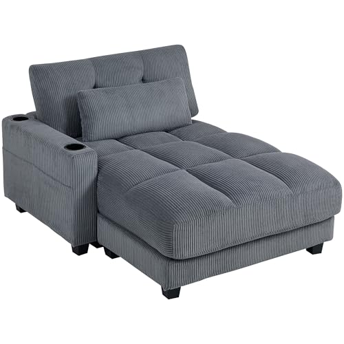 HOMCOM Chaiselongue 2 Sitzer Schlafsofa 114 x 147 cm Sofa mit Bettfunktion, Cord-Optik, Links/Rechts Armlehne, Becherhalter und Lendenkissen Couch für Wohnzimmer, Schlafzimmer, Dunkelgrau