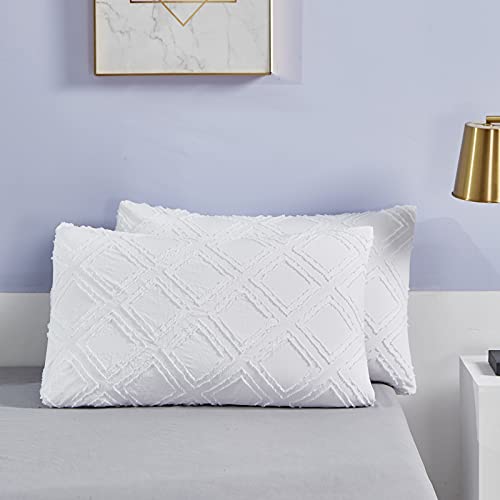 Wellboo White Tufted Comforter Sets King Women Men Solid White Jacquard Bedding Comforters Cotton Boho Solid White Diamond Embroidery Shabby Chic Quilts Blankets Adults Square Plain White Cozy Bedding #TOP6