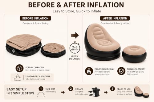 Image of Inflatable Air Sofa Chair with Ottoman & Automatic Electric Pump, Portable Flocked Blow Up Lounge Chair for Living Room, Bedroom, Camping & Outdoor Use (Coffee)