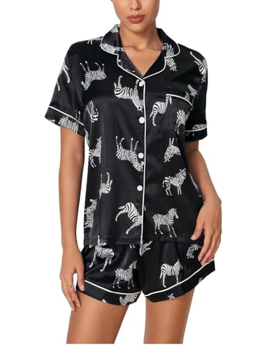 WDIRARA Women's Sleepwear Satin Short Sleeve Button Shirt and Shorts Pajama Set Animal Black XS