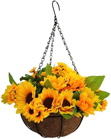 Mynse Flo Set of Artificial Sunflowers Hanging Coco Basket with Chain for Balcony Home Decoration, Orange (Big Basket and Artificial Flowers) Flo