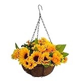 Flo-mynse Mynse Set of Artificial Sunflowers Hanging Coco Basket with Chain for Balcony Home Decoration, Orange (Big Basket and Artificial Flowers) Flo-mynse