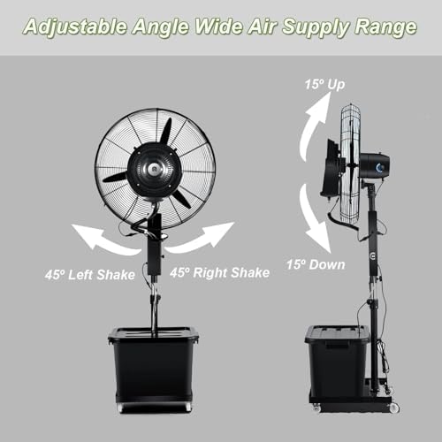 Heavy Duty 26in Misting Pedestal Fan with 3 Speed, 43L Water Tank, High Velocity Outdoor Oscillating Fan for Commercial Use, Adjustable Height & Powerful Cooling 320W