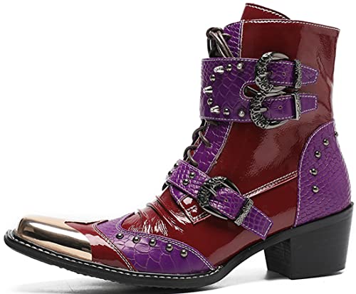 Santimon Men's Genuine Leather Casual Oxfords Western Boots – Metal Square Toe Mid Top Two Tone Cowboy Boots with Studded Strap & Buckle for Party Concert Rodeo Disco2