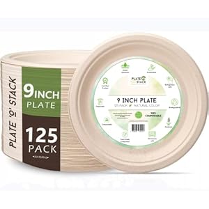 100% Compostable Disposable Paper Plates [125-Pack] – (PFAS-Free) – (BPI Certified) – [9 Inch] Heavy Duty, Eco-Friendly, Biodegradable Bagasse Dinner Plates – Natural Brown 9″ Plate by Plate’O’Stack