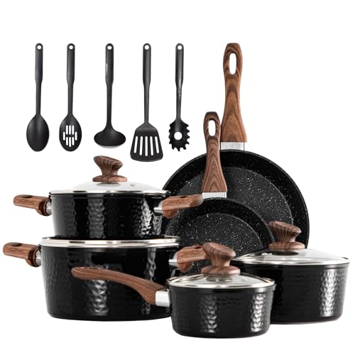 Image of DishDelight 15 Piece Pots and Pans Set Non Stick, Induction Nonstick Kitchen Cookware Sets, Nonstick Induction Cookware with Frying Pans and Saucepan Set, Non-toxic Kitchen Cooking Set, Black
