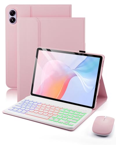 Para Xiaomi Redmi Pad 2 Pro(2025)/Xiaomi Redmi Pad Pro (2024)/ POCO Pad(2024) 12.1 pulgadas funda con Teclado inalámbrico Bluetooth retroiluminado (teclado QWERTY distribución española) y ratón, Rosa