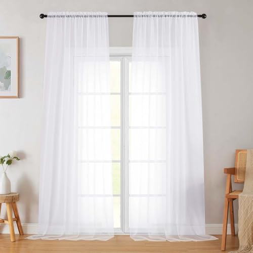 WelvetBLK White Sheer Curtains for Bedroom Living Room 96 Inches Long 2 Panels Modern Airy Soft Lightweight Rod Pocket Light Filtering Sheer Curtains Drapes White Each 42 Wx96 L Inch