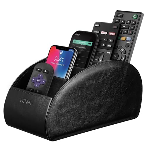 Image of SITHON Remote Control Holder with 5 Compartments - [Upgrade Version] PU Leather Remote Caddy Desktop Organizer Store TV, DVD, Blu-Ray, Media Player, Smart Phones, Heater Controllers (Black)