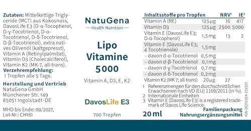NatuGena Lipo Vitamine 5000, Vitamin D3, E, K, A, trägt zu einer normalen Funktion des Immunsystems bei, 20 ml / 700 Tropfen (Familienpackung)