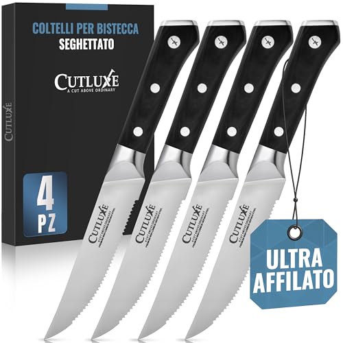 Cutluxe Set Coltelli da Tavola, 4 pezzi, Coltelli da Bistecca, Acciaio al Carbonio, Lama Affilata e Resistente, Artisan Series