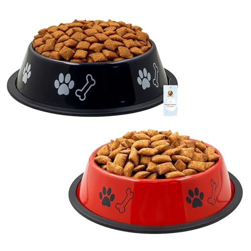 Image of Foodie Puppies Stainless Steel Dog Bowl Combo - (Medium, 700ml) Food and Water Feeding Gift Bowl | Suitable for Dogs, Cats and Other Pets I Paw Bone Print, Anti-Skid Rubber Base (Black + Red)
