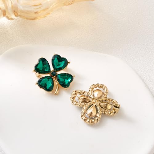 Image of Rhinestone Clover Leaf Brooch Pin, Green Four Leaf Clover Pin Shamrock Lapel Pin, Gold Plated Vintage Crystal Flower Brooches