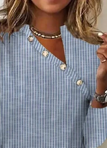 Women's Casual Tops Trendy Asymmetrical V Neck Long Sleeve T-Shirts 2025 Autumn Striped Button Down Office Blouses3