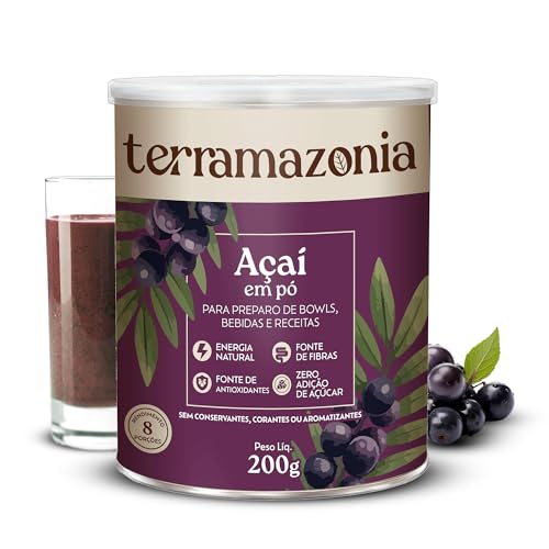 TERRAMAZONIA Açaí em Pó Natural - Fonte de Antioxidantes - Rico em Fibras - Zero Adição de Açúcar, Zero Glúten, Zero Lactose - Sem Conservantes - Vegano - 200g Lata