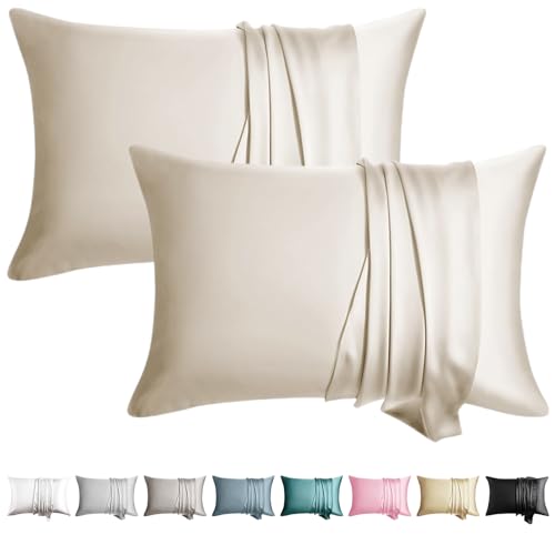Image of 100% Silk Pillowcase for Hair and Skin Toddler Size 2 Pack Mulberry Silk Pillow Case 13 x 18 Inches Highest 6A Silk Kids /Travel Pillow Cover Soft Breathable Cooling with Hidden Zipper, Beige
