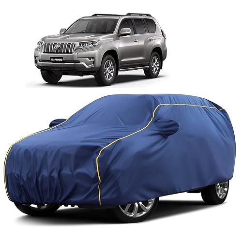 Image of Sulfar 100% Water Resistant Car Body Cover Compatible with Mirror for Toyota Land Cruiser (Triple Stitched, Full Bottom Elastic, Blue Taffeta with Yellow Piping)