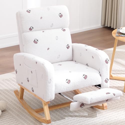 Image of HCHAIRH Rocking Chair Nursery with Foot Rest, Nursing Rocking Chairs for Mom Breastfeeding, Teddy Rocker Glider Chair with High Backrest for Living Room, Bedroom, Cow Printed White