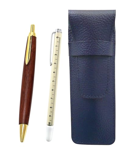 2個パック シボ革ペンケース青 スライドメジャー指示棒と茶色木軸レトロボールペンセット SASL-708W-HS48S-2